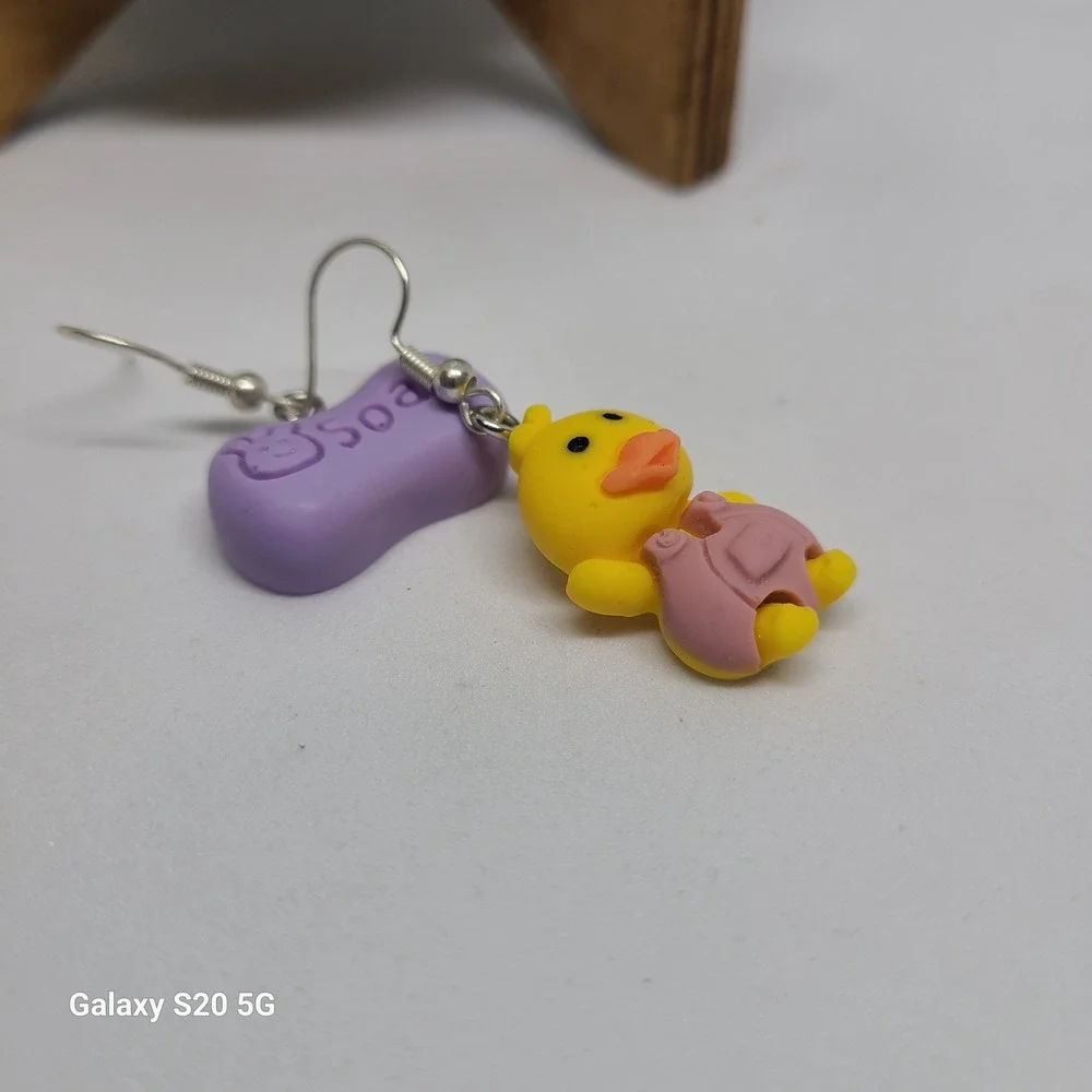 Handmade Duck Soap Earrings Quirky Funky Dangle Drop Cute Novelty NEW 1.5 inches